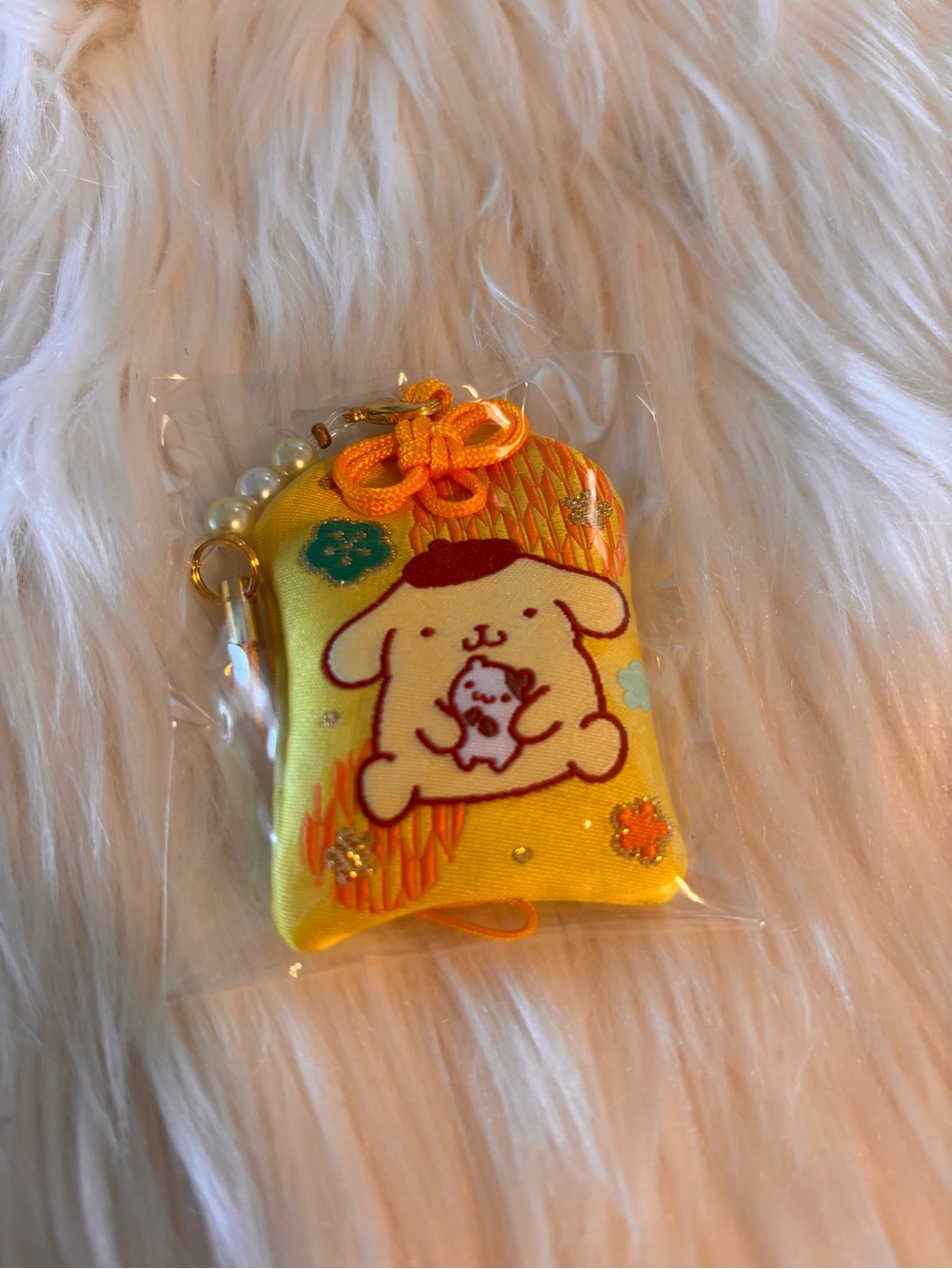 NEW Sanrio Pompompurin Bright Yellow Charm Omamori Pouch with Orange Bow